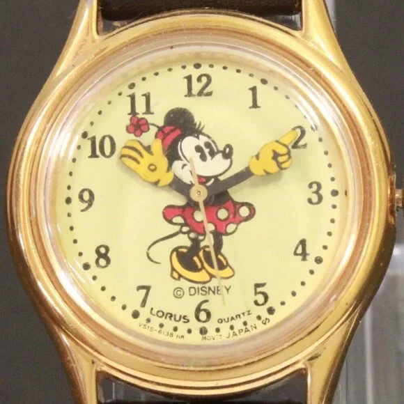 Lorus Ladies Mini Mouse Watch Gold Tone Case New Brown Leather Strap And Battery